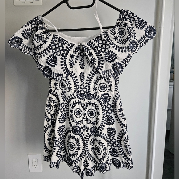 White And Navy Blue Embroidered Off The Shoulder Shorts Romper/ Jumpsuit - Picture 2 of 8